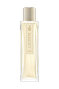 Lacoste Pour Femme Damen Eau de Parfum EDP 90 ml Originalflakon mit klarer Linienführung und goldfarbenem Etikett auf weißem Hintergrund.