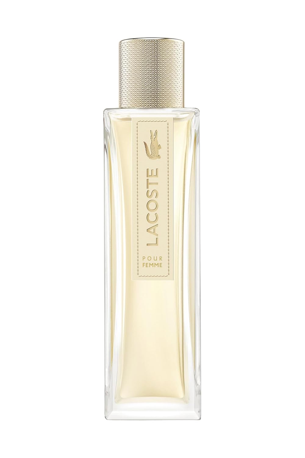 Lacoste Pour Femme Damen Eau de Parfum EDP 90 ml Originalflakon mit klarer Linienführung und goldfarbenem Etikett auf weißem Hintergrund.