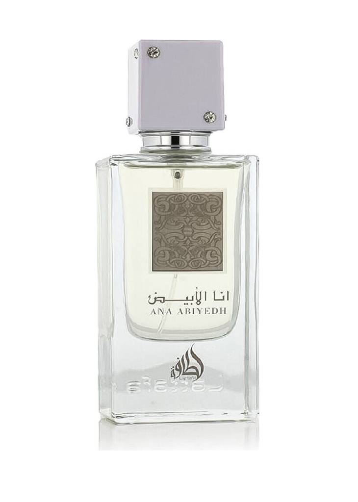 Lattafa Ana Abiyedh Eau De Parfum EDP 60 ml Unisex-Flakon mit silbernem Sprühkopf und arabischer Gravur, ideal für frische Duftliebhaber.