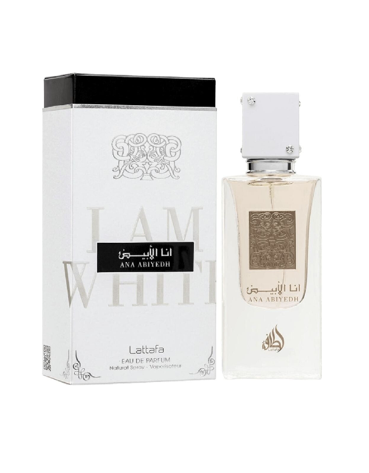 Lattafa Ana Abiyedh Eau De Parfum EDP 60 ml mit eleganter Verpackung in Weiß und Silber, perfektes Unisex-Parfum für moderne Duftfans.
