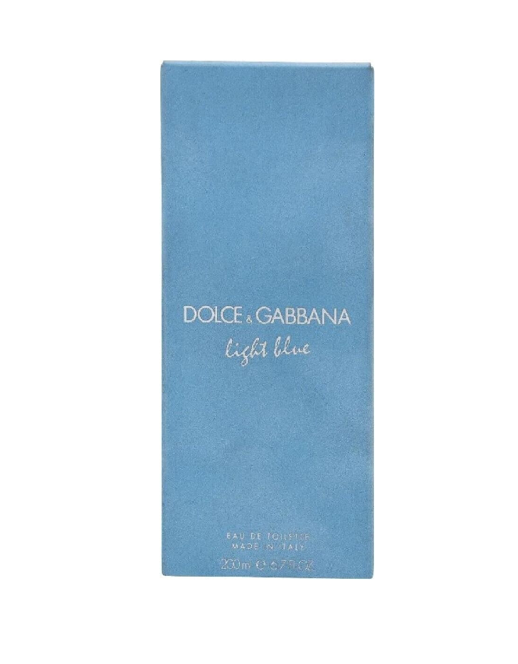 Originalverpackung des Dolce & Gabbana Light Blue Damen Eau de Toilette EDT Spray in hellblauer Box mit silberner Aufschrift, 200ml.